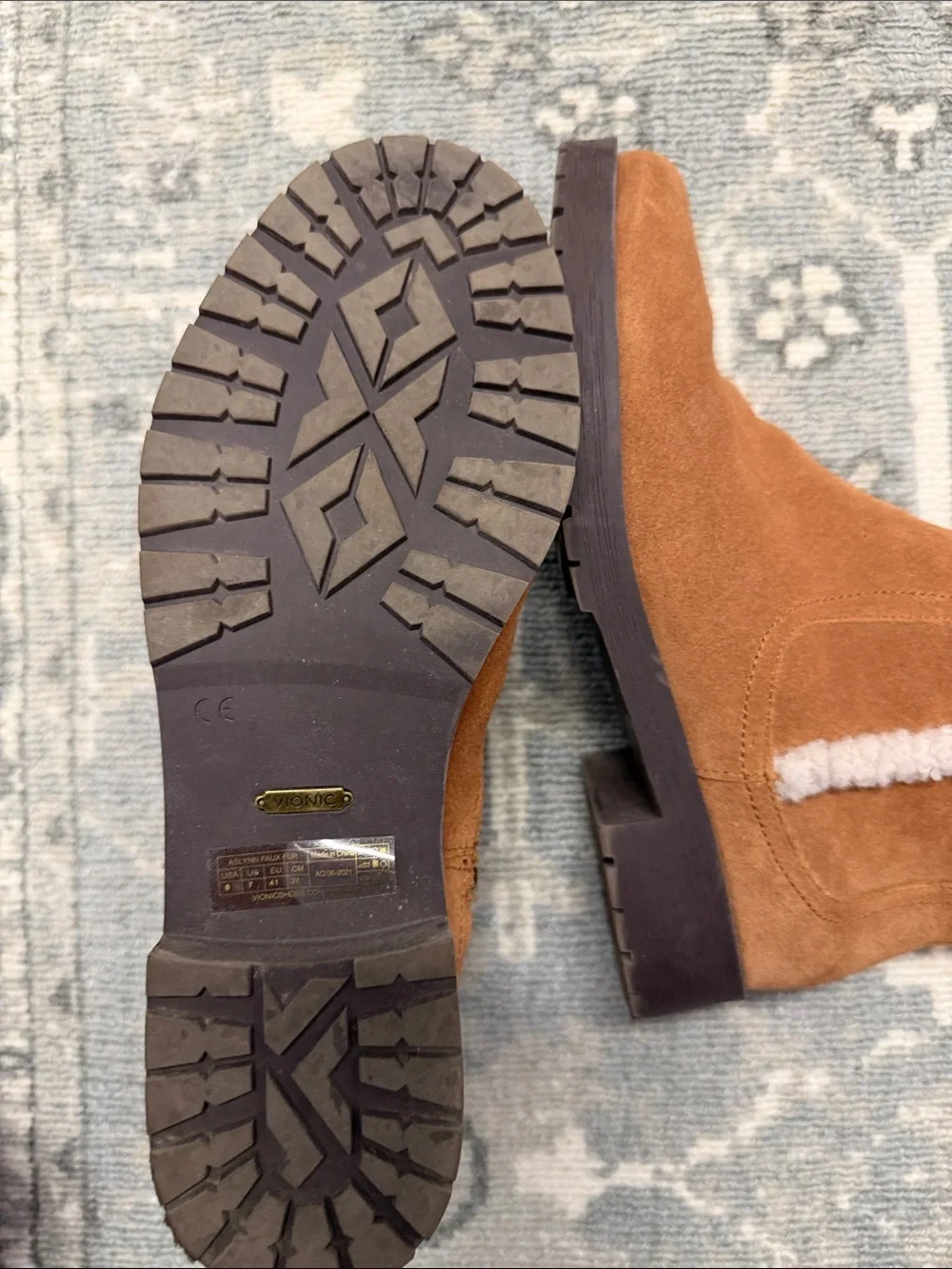 Vionic Chestnut Suede Ankle Booties with Shearling Trim